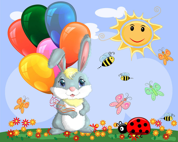 Cute cartoon bunny with an armful of balls on a glade near the rainbow.  - ベクター画像