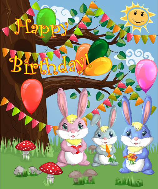 A family of three bunnies in a forest glade. Vector illustration - Διάνυσμα, εικόνα