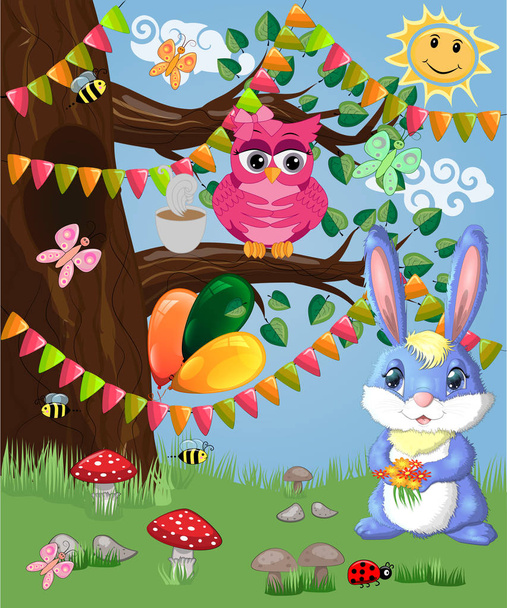 Blue bunny with a bouquet on a forest glade.  - Vector, Image