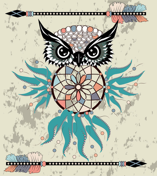 Indian decorative Dream Catcher owl in graphic style. Vector illustration  - Вектор, зображення