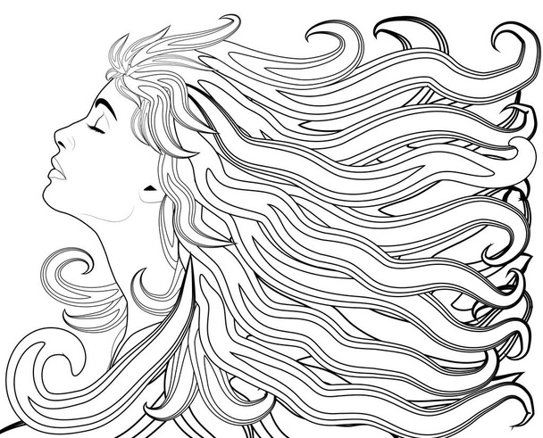 Girl with streaming hair, linen hand drawn illustration for coloring book. - Vector, afbeelding