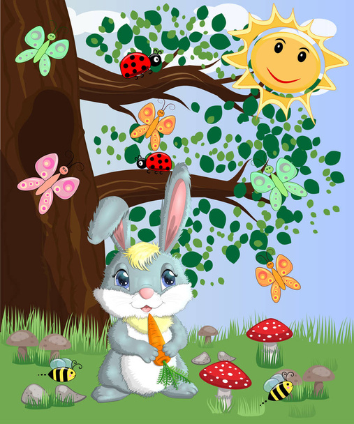 Bunny with a carrot in a forest glade. Vector illustration  - Вектор,изображение