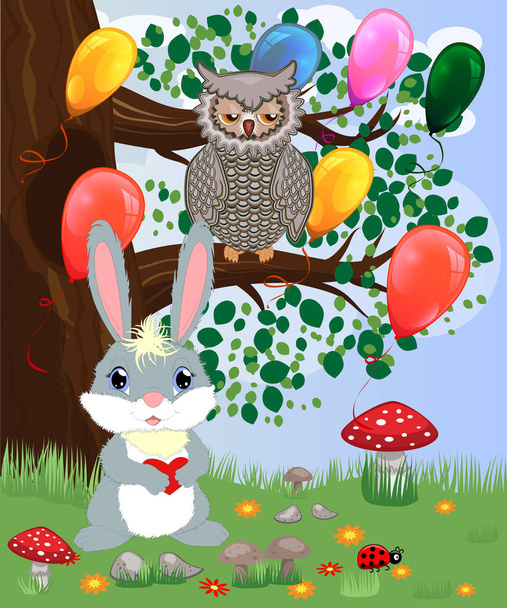 Bunny with a heart in a forest glade. Spring, love, postcard - Vector, Imagen