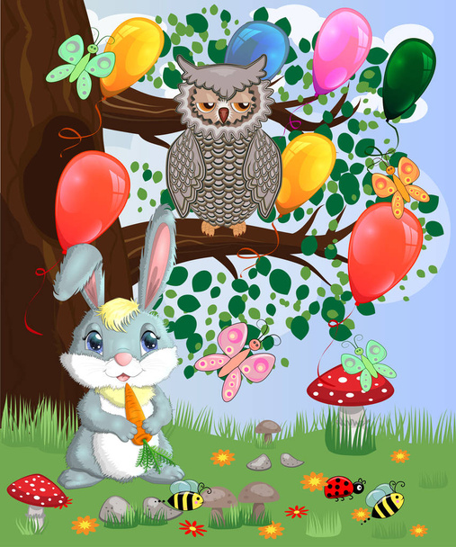 Bunny with a carrot in a forest glade. Vector illustration  - Vektör, Görsel