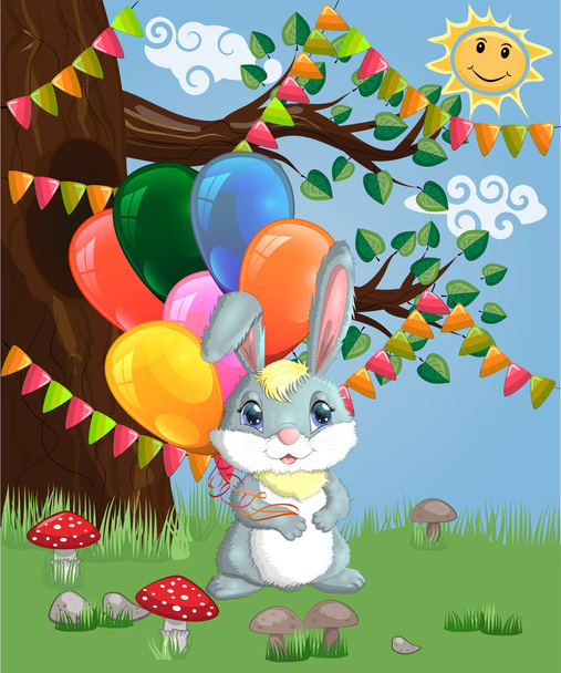 Cute cartoon bunny with an armful of air balloons in a forest glade - Вектор, зображення