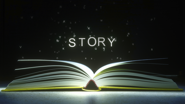Літери вилітають з відкритих сторінок книги, щоб сформувати текст STORY. 3D анімація
 - Кадри, відео