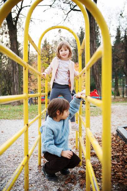 cutte klein meisje en jongen in childrens park plezier en vreugde tijdens het spelen in de speeltuin op bewolkte herfstdag - Foto, afbeelding