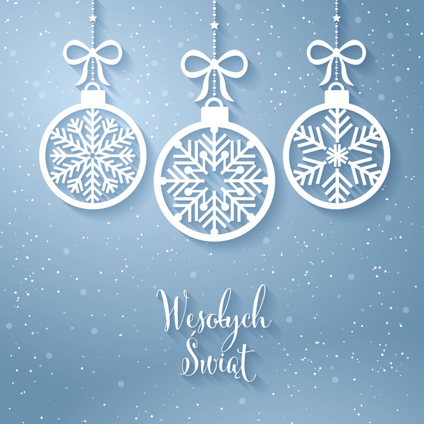 Biglietto di auguri con le parole Buon Natale in polacco. Dall'alto, eleganti bagattelle a forma di fiocco di neve appese ai nastri
 - Foto, immagini
