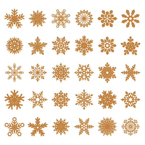 collectie van witte vector sneeuwvlokken op gouden achtergrond - Vector, afbeelding