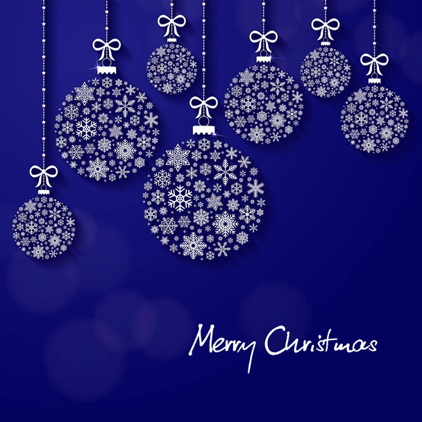 Cartão de felicitações com as palavras Feliz Natal. De cima, bugigangas elegantes em forma de floco de neve penduradas em fitas
 - Foto, Imagem