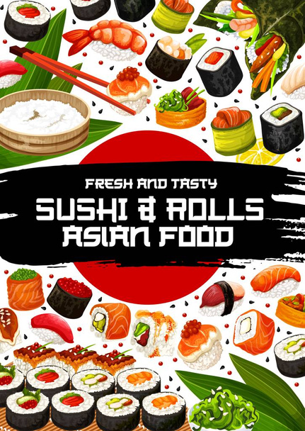 Cartaz de restaurante japonês com sushi e rolos
 - Vetor, Imagem