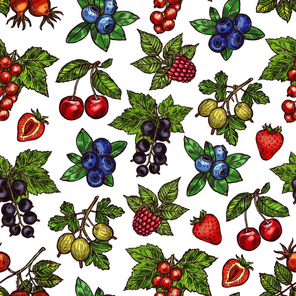 Seamless pattern of berries with leaves sketches - Wektor, obraz