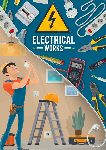 電気工事、電気技師およびツール - ベクター画像
