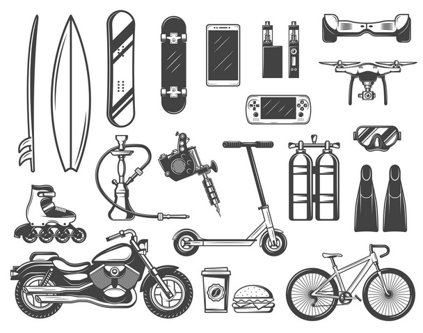 Hobby en entertainment items of apparaten schetsen - Vector, afbeelding