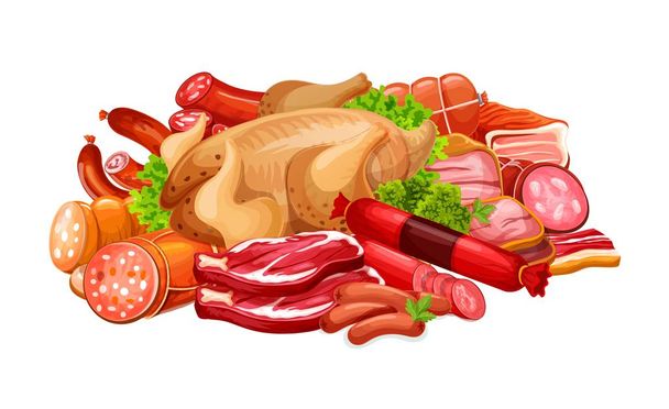 Sausages with meat products and poultry in heap - Vector, Image