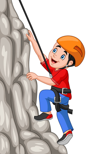 Desenhos animados menino feliz escalada rocha
 - Vetor, Imagem