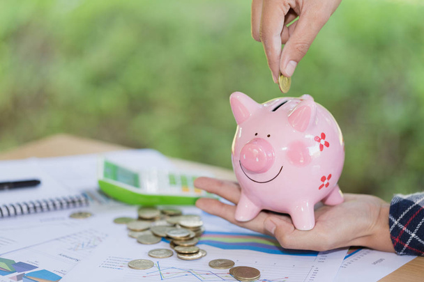 Female hand putting a coin into piggy bank , for invest money, Ideas for saving money for future use, Financial growth and marketing,  Invesment and Risk Management. - Photo, Image