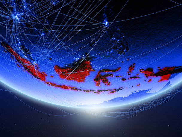 Indonésie na zelený model planety země se sítí představující modré digitální věk, cestování a komunikace. 3D obrázek. Prvky tohoto obrázku jsou podle Nasa. - Fotografie, Obrázek