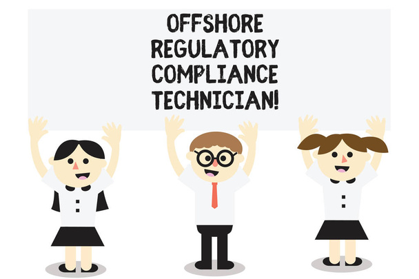 Word writing text Offshore Regulatory Compliance Technician. Business concept for Oil and gas industry engineering Three School Kids with both Arms Raising upward are Singing Smiling Talking. - Photo, Image