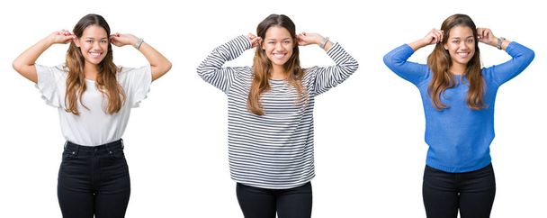 Collage of beautiful young woman over isolated background Smiling pulling ears with fingers, funny gesture. Audition problem - Photo, Image