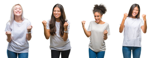 Collage of group of chinese, arab, african american woman over isolated background very happy and excited doing winner gesture with arms raised, smiling and screaming for success. Celebration concept. - Photo, image