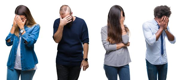 Колаж групи молодих бізнесменів над ізольованим тлом з сумним виразом, що покриває обличчя руками під час плачу. Концепція депресії
. - Фото, зображення