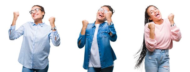 編みこみヘア アフリカ系アメリカ人女性非常に幸せと興奮の腕を上げ、勝者のジェスチャを行う分離の背景に笑みを浮かべて、成功のために叫んでのコラージュ。お祝いのコンセプト. - 写真・画像