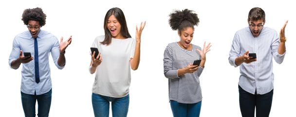 Collage of people texting sending message using smartphone over isolated background very happy and excited, winner expression celebrating victory screaming with big smile and raised hands - Photo, Image