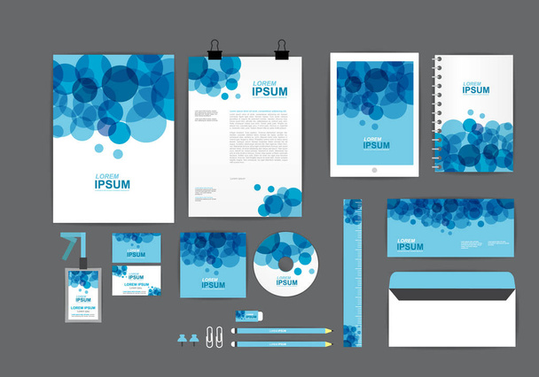 синьо-білий шаблон фірмового стилю для вашого бізнесу включає обкладинку компакт-дисків, візитку, теку, лінійку, конверт та дизайн листів
 - Вектор, зображення