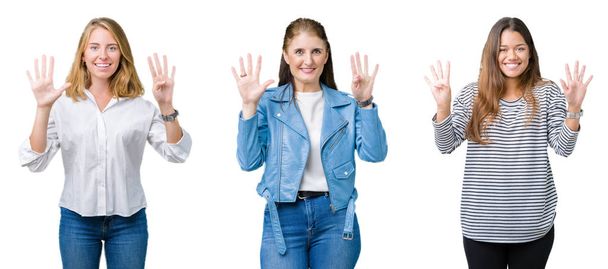 Collage de grupo de tres hermosas mujeres sobre fondo blanco aislado mostrando y apuntando hacia arriba con los dedos número nueve mientras sonríe confiado y feliz
. - Foto, imagen