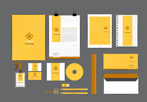 あなたのビジネスの黄色と茶色のコーポレートアイデンティティ テンプレートには、Cd のカバー、名刺、フォルダー、定規、封筒と手紙の頭のデザインが含まれています - ベクター画像