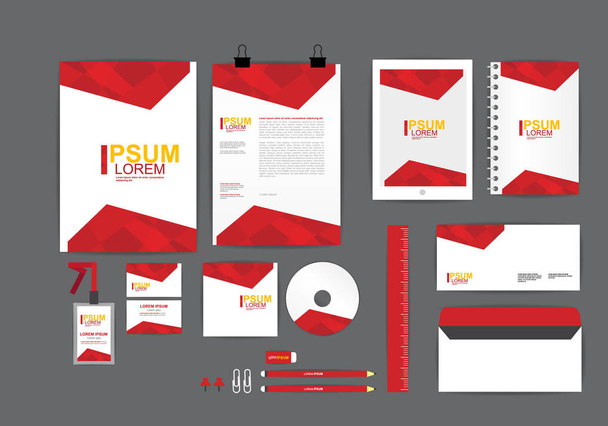 rote und gelbe Corporate Identity Vorlage für Ihr Unternehmen enthält CD-Cover, Visitenkarte, Ordner, Lineal, Umschlag und Briefkopf-Designs - Vektor, Bild