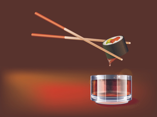 Sushi Dipping in Soy Sauce - Vector, Image