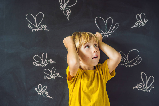 Little boy with funny facial expression and bites on face in front of blackboard with chalk drawn mosquitoes.  - Photo, Image