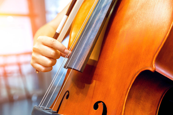 Close up of cello with bow in hands - Фото, зображення