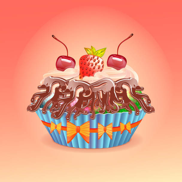 Vector illustration of cake with cherry and strawberry - Vektori, kuva