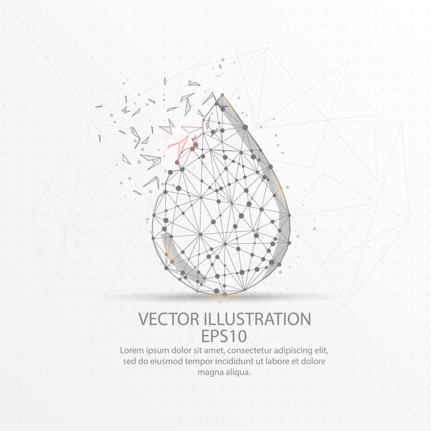 Water droplet form mesh line and composition digitally drawn in the form of broken a part triangle shape and scattered dots low poly wire frame. - Vektor, Bild