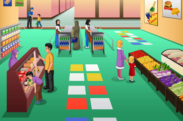 Illustration vectorielle des gens faisant du shopping à l'épicerie
  - Vecteur, image