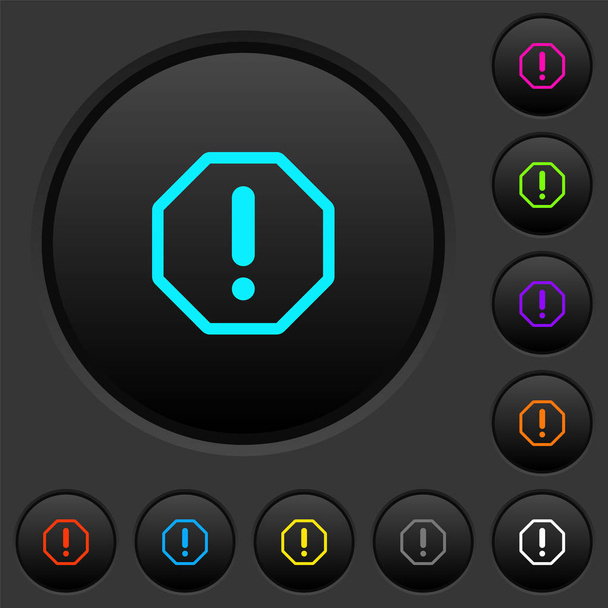 Octagon shaped error sign dark push buttons with vivid color icons on dark grey background - Wektor, obraz