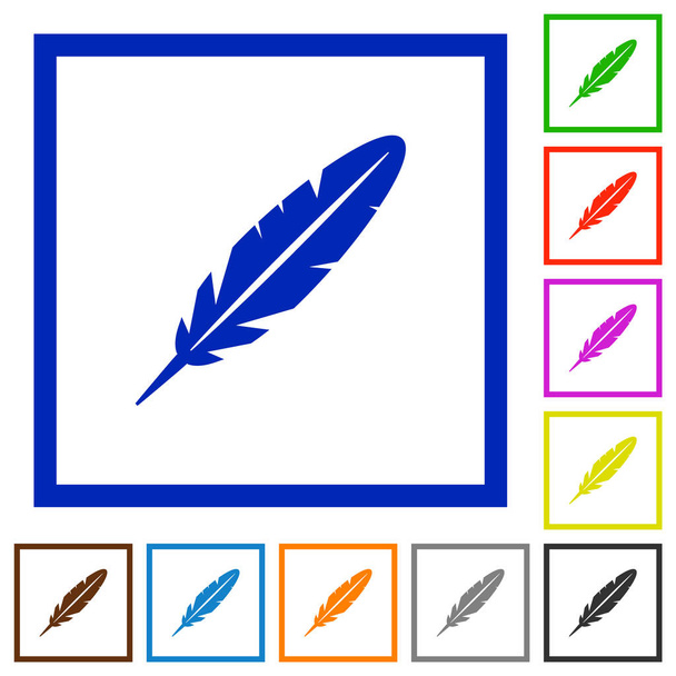 Peříčko ploché barevné ikony v čtverečních rámy na bílém pozadí - Vektor, obrázek