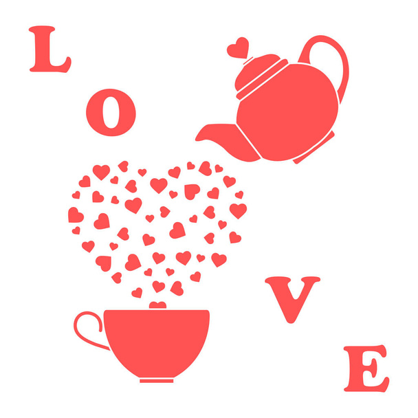 Vector illustration with kettle, cup of tea, hearts. Happy Valentine's Day. Design for party card, banner, poster or print. - Vektor, obrázek