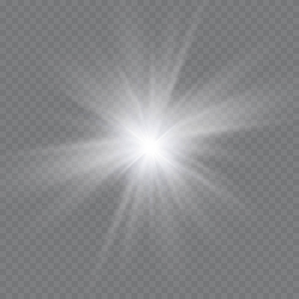A luz branca que brilha explode sobre um fundo transparente. Ilustração vetorial do efeito de decoração de luz com raio. Estrela brilhante. - Vetor, Imagem