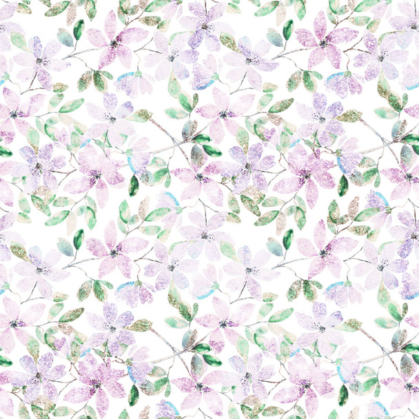 Seamless floral glitter pattern . Pink, lilac flowers on white background.  - Photo, Image