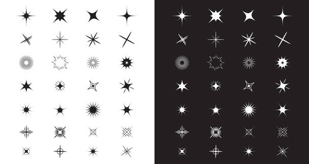 Αστράφτει αστέρια υπογράφουν σύνολο συμβόλων. Χαριτωμένο σχήμα συλλογή. Πρότυπο στοιχείο διακόσμησης. Άσπρο και μαύρο φόντο. Επίπεδη σχεδίαση. Εικονογράφηση διάνυσμα - Διάνυσμα, εικόνα