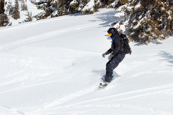 Mladý muž snowboardista běží ze svahu v alpských horách. Zimní sport a rekreace, volný čas, Outdoorové aktivity. - Fotografie, Obrázek