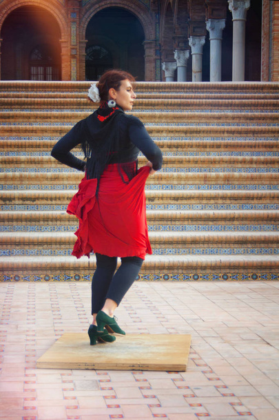Dancer performs flamenco for tourists and passers-by in the center of Seville.Spain, Seville, February 2018. - Fotografie, Obrázek