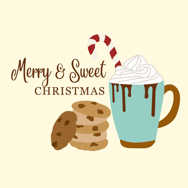 Cute Christmas card with hot chocolate and cookies. Christmas poster, vector - Vector, Image