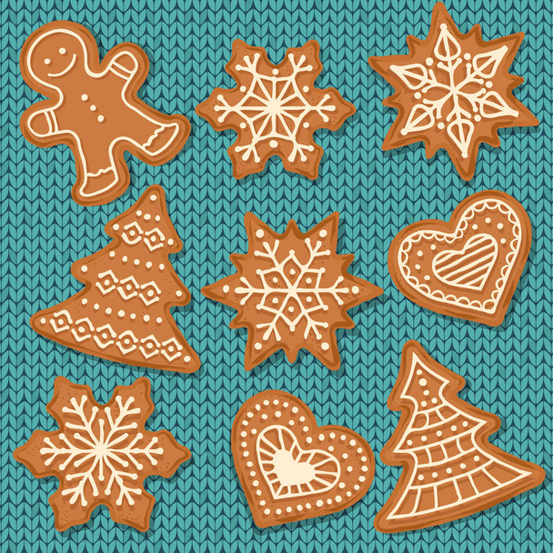 Jolis éléments en pain d'épice isolés sur fond tricoté. Fond de pain d'épice de Noël. Vecteur
 - Vecteur, image