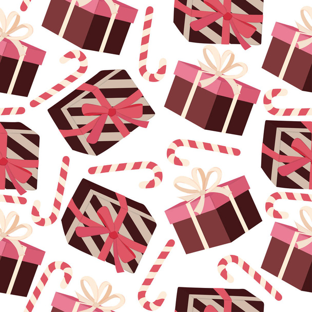 Weihnachten nahtlose Muster mit Geschenkschachteln. Weihnachtlicher Hintergrund - Vektor, Bild
