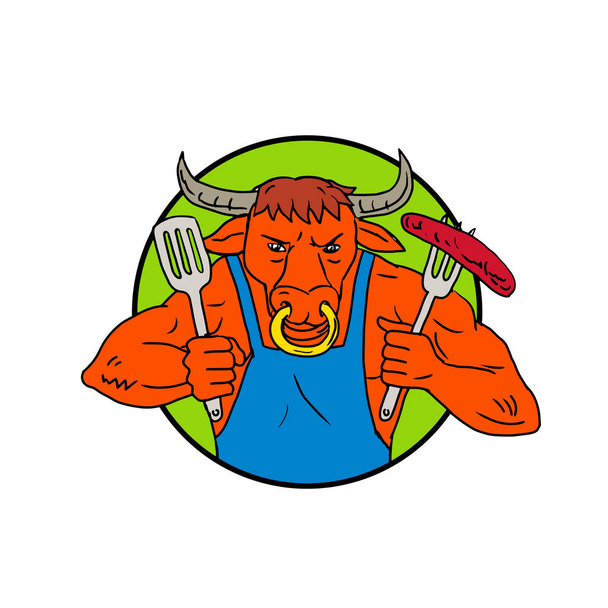 図面スケッチ漫画テキサスの longhorn の牛のイラストまたは操縦する燃えるようなバーベキュー ソーセージ分離白地黒と白の円の中に設定を書き込むとフォークを保持. - ベクター画像